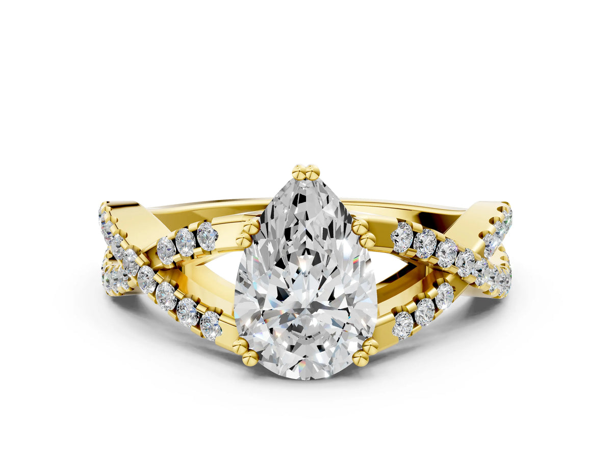 Yellow gold Pear Cut Diamond Solitaire Ring with Four-Prong Setting and Twisted Pavé Band