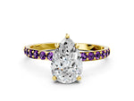 Yellow gold Pear Cut Diamond Solitaire Ring with Round Amethyst Pavé Band and Prong Setting