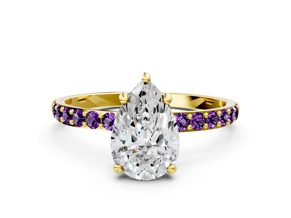 Yellow gold Pear Cut Diamond Solitaire Ring with Round Amethyst Pavé Band and Prong Setting
