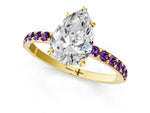 Yellow gold Pear Cut Diamond Solitaire Ring with Round Amethyst Pavé Band and Prong Setting_1