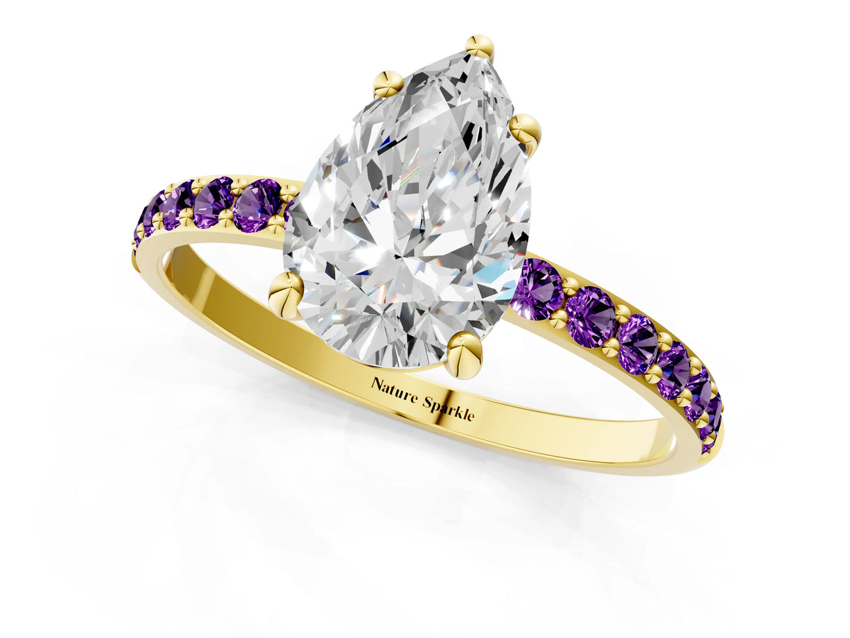 Yellow gold Pear Cut Diamond Solitaire Ring with Round Amethyst Pavé Band and Prong Setting_1