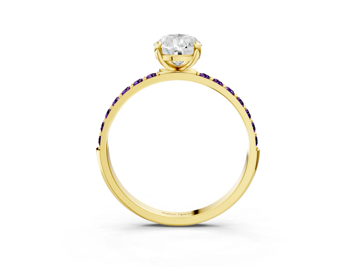 Yellow gold Pear Cut Diamond Solitaire Ring with Round Amethyst Pavé Band and Prong Setting_3