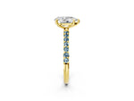 Yellow gold Pear Cut Diamond Solitaire Ring with Round Aquamarine Pavé Band and Prong Setting_2