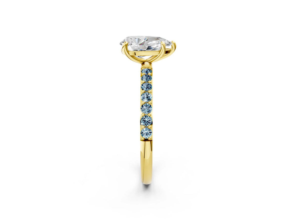 Yellow gold Pear Cut Diamond Solitaire Ring with Round Aquamarine Pavé Band and Prong Setting_2