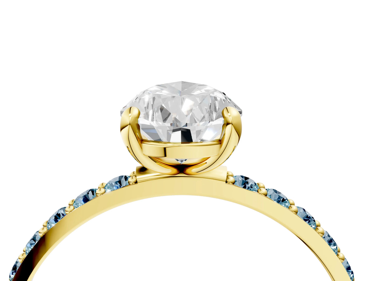 Yellow gold Pear Cut Diamond Solitaire Ring with Round Aquamarine Pavé Band and Prong Setting_4
