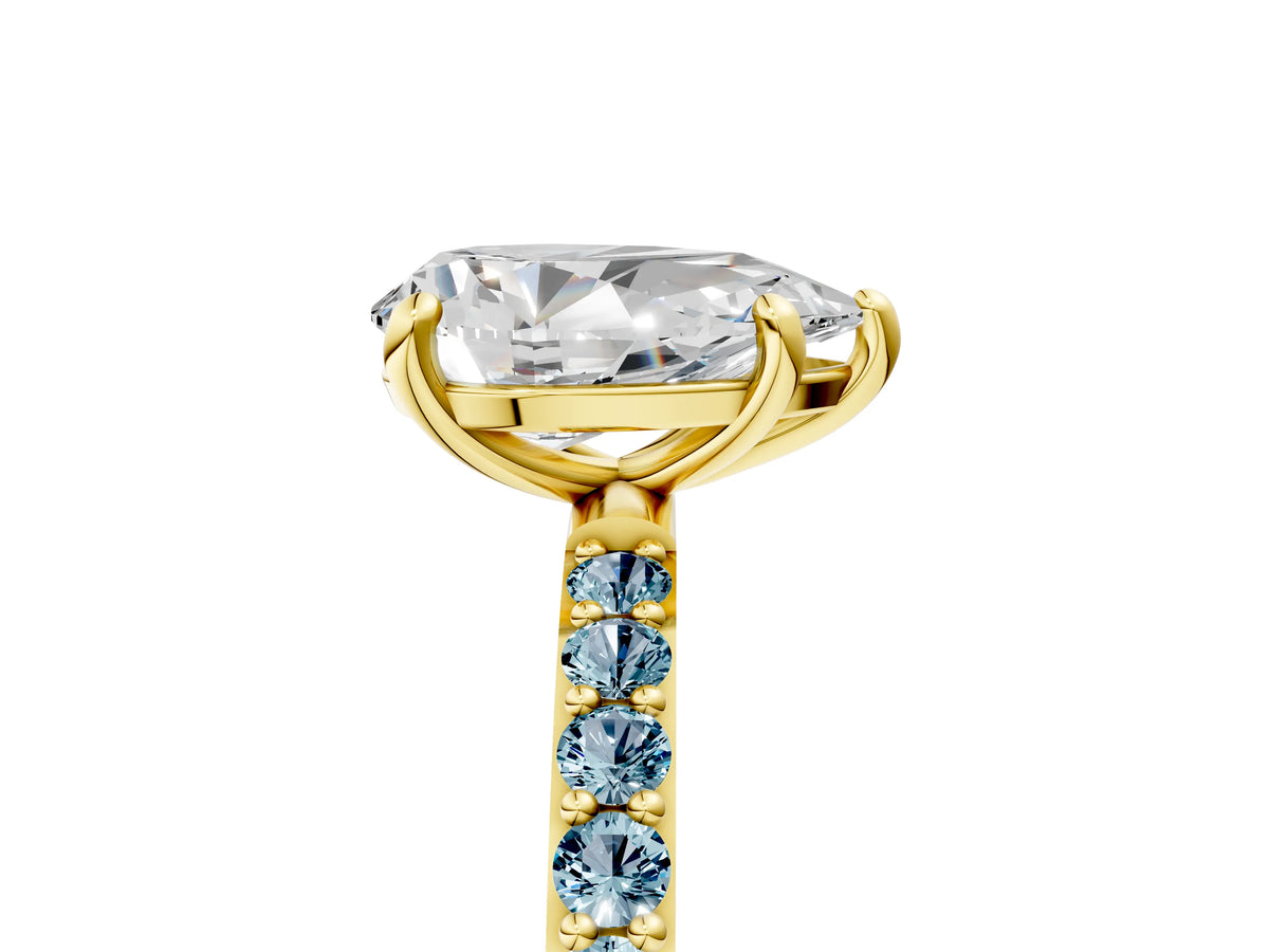 Yellow gold Pear Cut Diamond Solitaire Ring with Round Aquamarine Pavé Band and Prong Setting_5