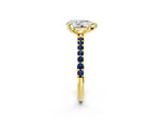 Yellow gold Pear Cut Diamond Solitaire Ring with Round Blue Sapphire Pavé Band and Prong Setting_2