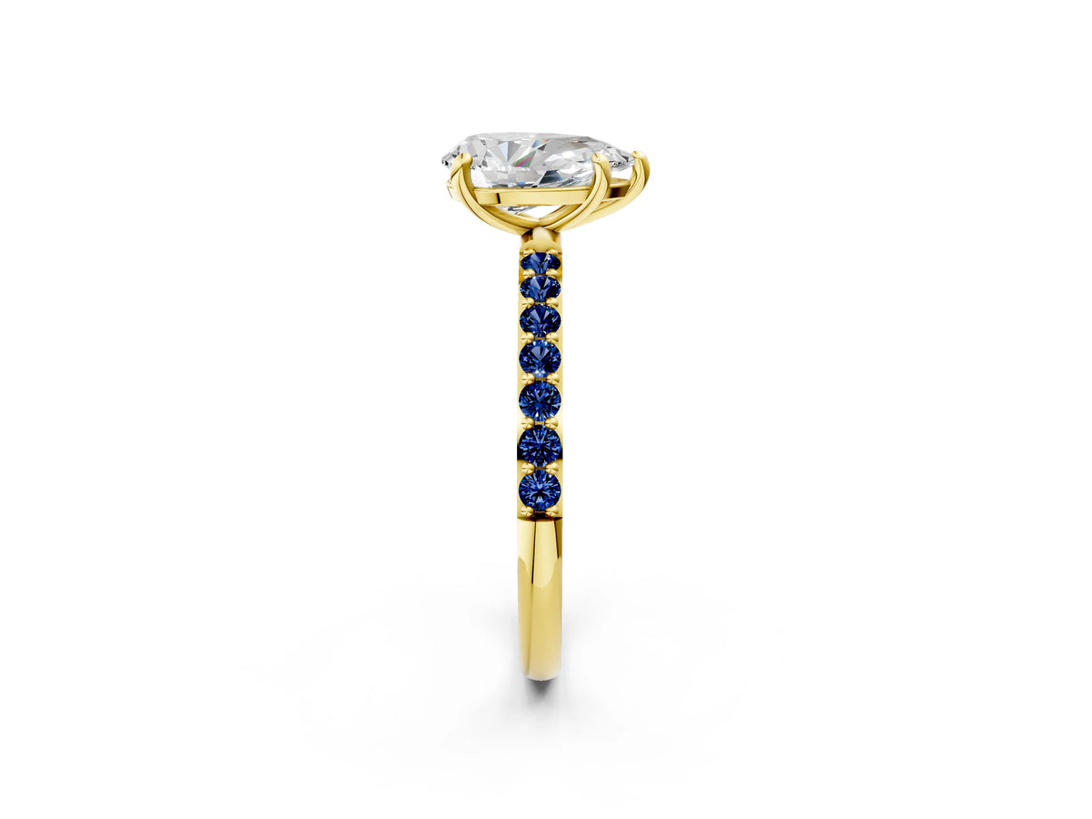 Yellow gold Pear Cut Diamond Solitaire Ring with Round Blue Sapphire Pavé Band and Prong Setting_2