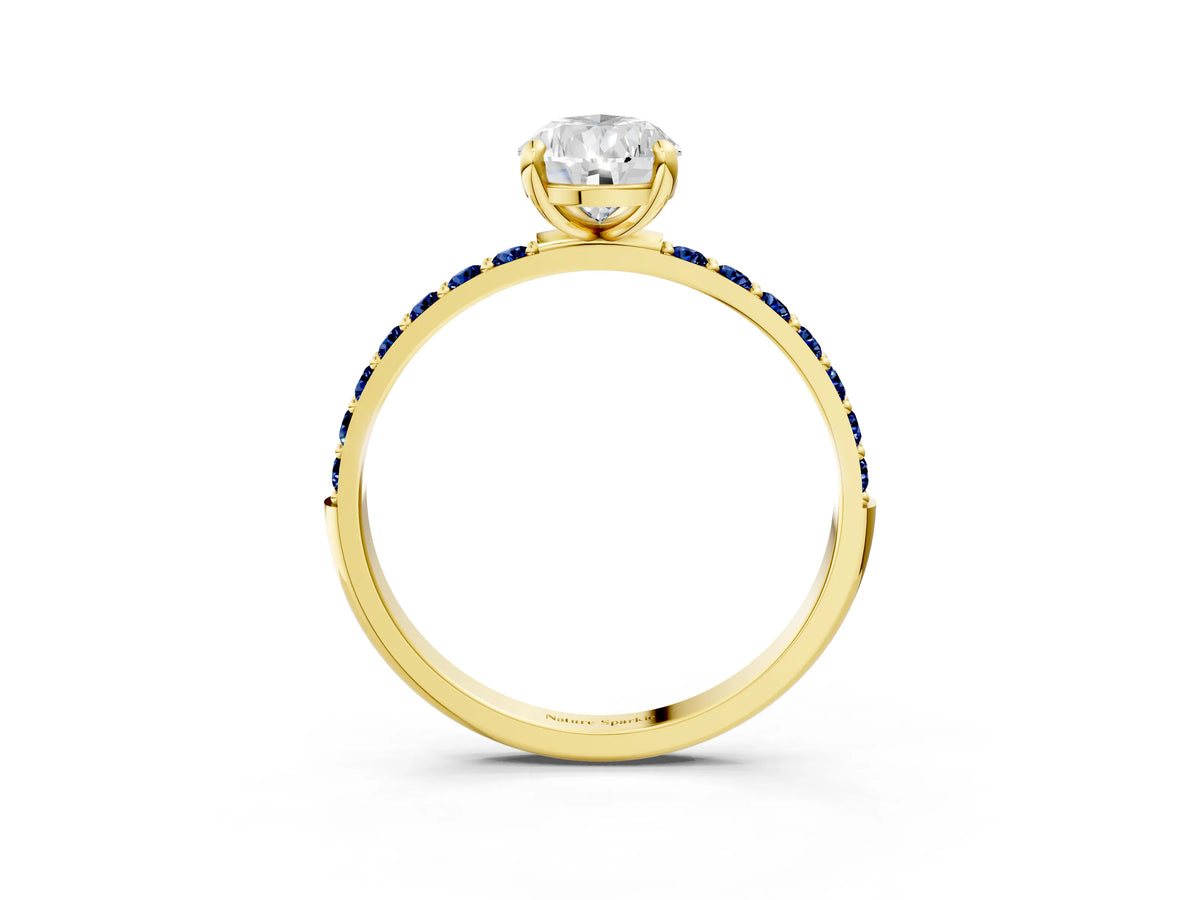 Yellow gold Pear Cut Diamond Solitaire Ring with Round Blue Sapphire Pavé Band and Prong Setting_3
