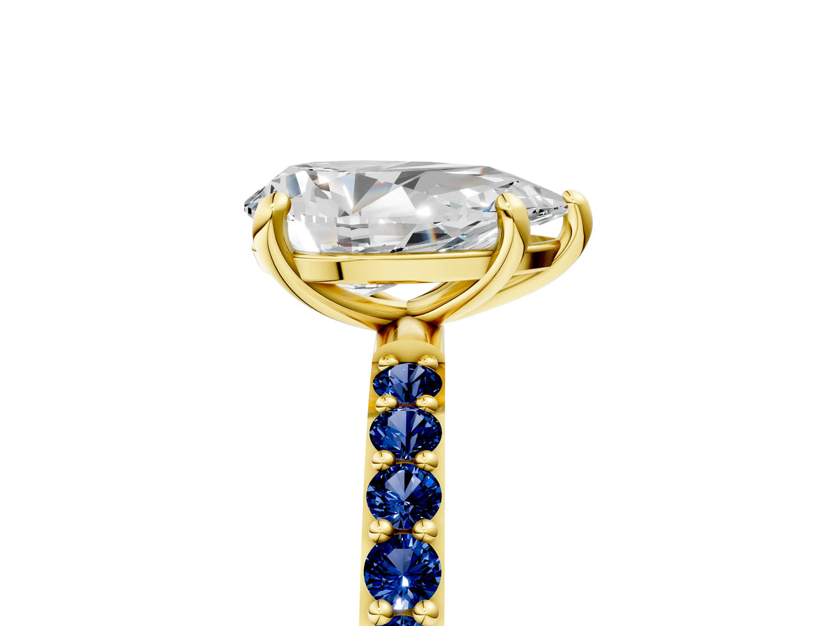 Yellow gold Pear Cut Diamond Solitaire Ring with Round Blue Sapphire Pavé Band and Prong Setting_5