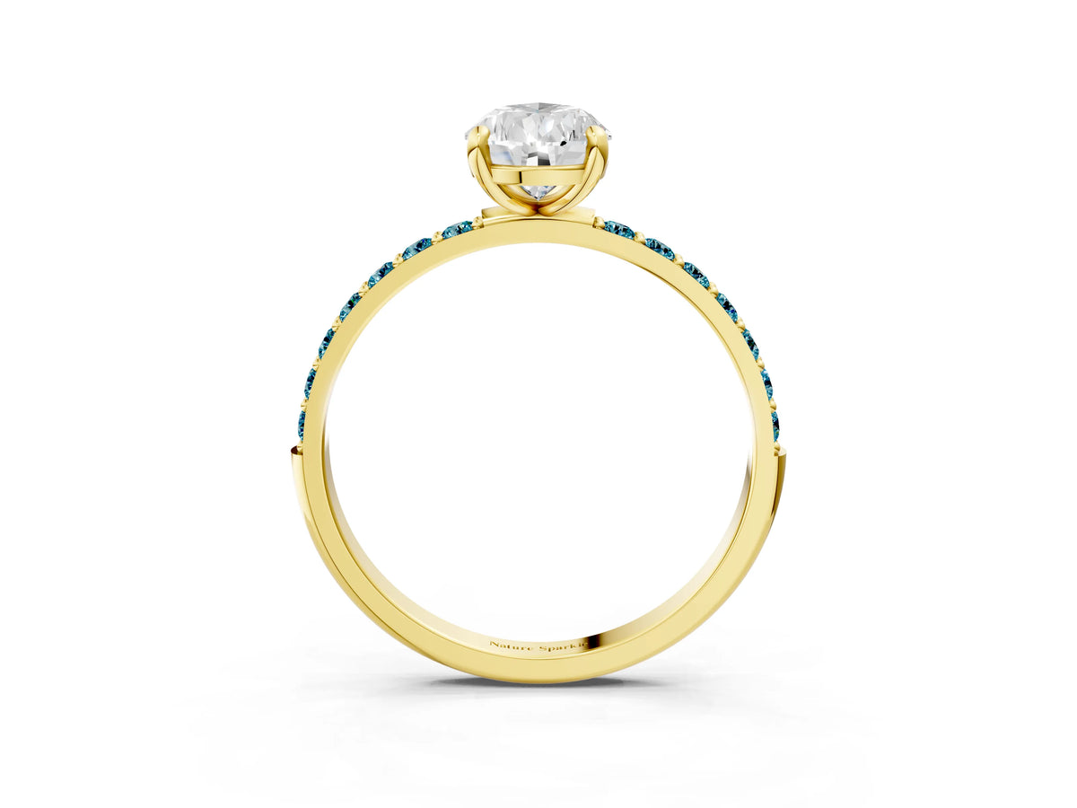 Yellow gold Pear Cut Diamond Solitaire Ring with Round Blue Topaz Pavé Band and Prong Setting_3