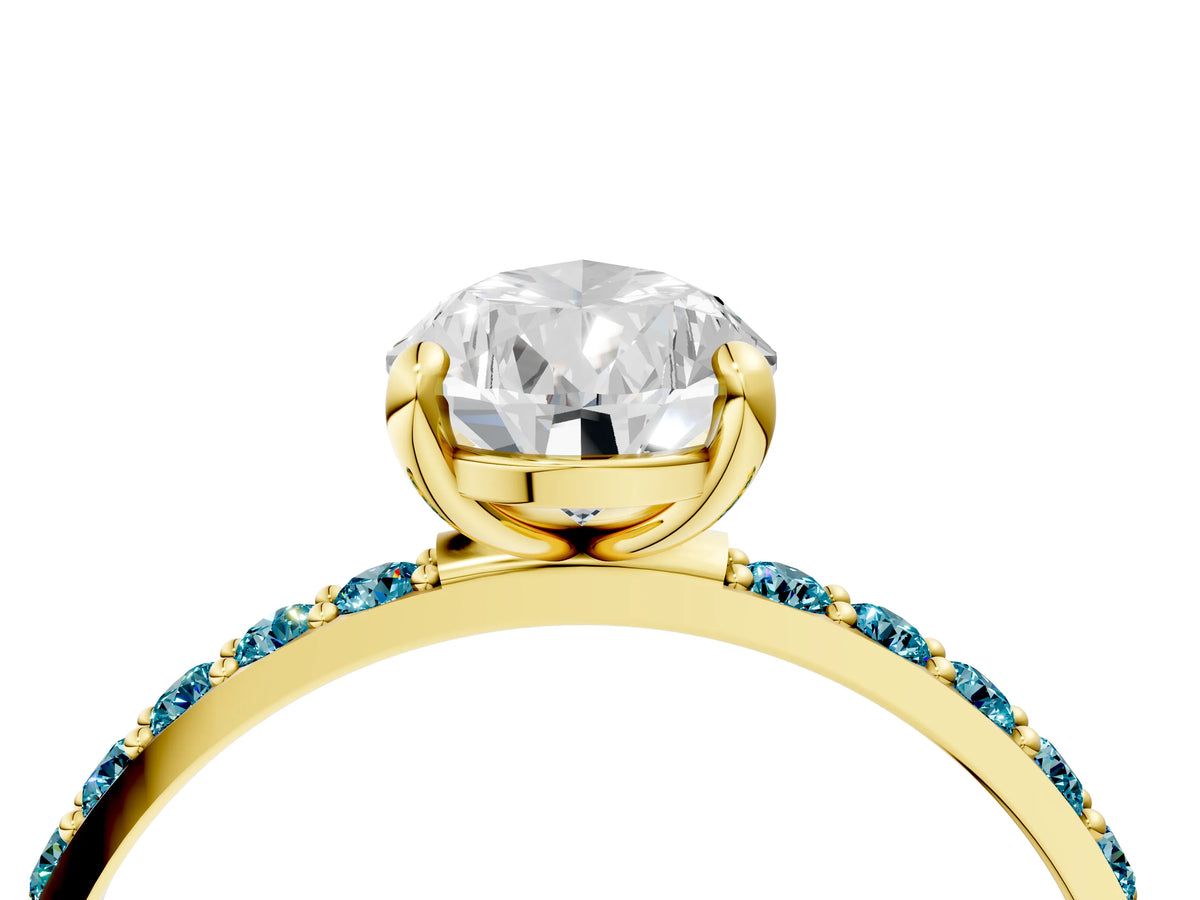 Yellow gold Pear Cut Diamond Solitaire Ring with Round Blue Topaz Pavé Band and Prong Setting_4