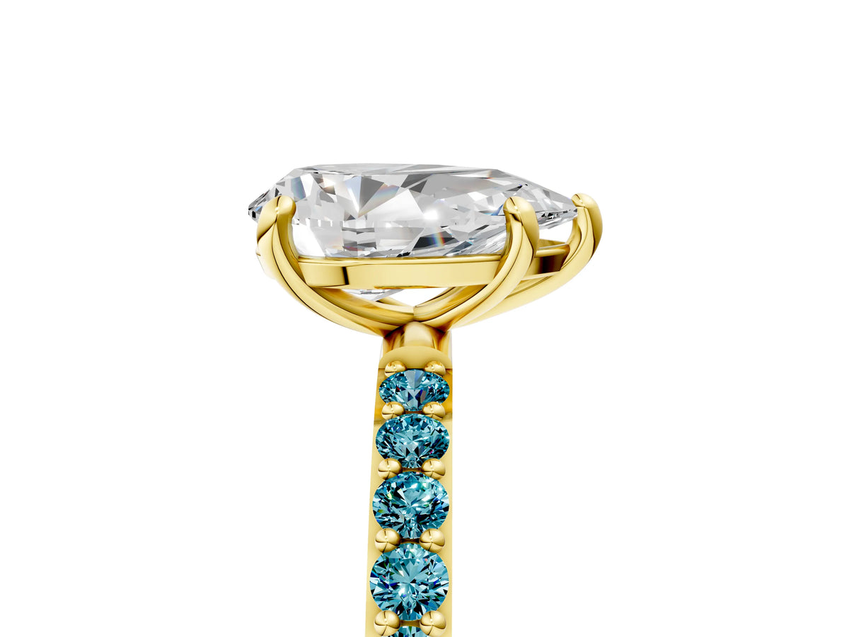 Yellow gold Pear Cut Diamond Solitaire Ring with Round Blue Topaz Pavé Band and Prong Setting_5