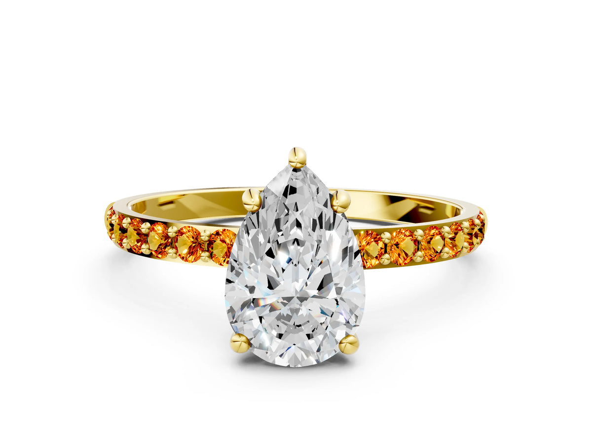 Yellow gold Pear Cut Diamond Solitaire Ring with Round Citrine Pavé Band and Prong Setting