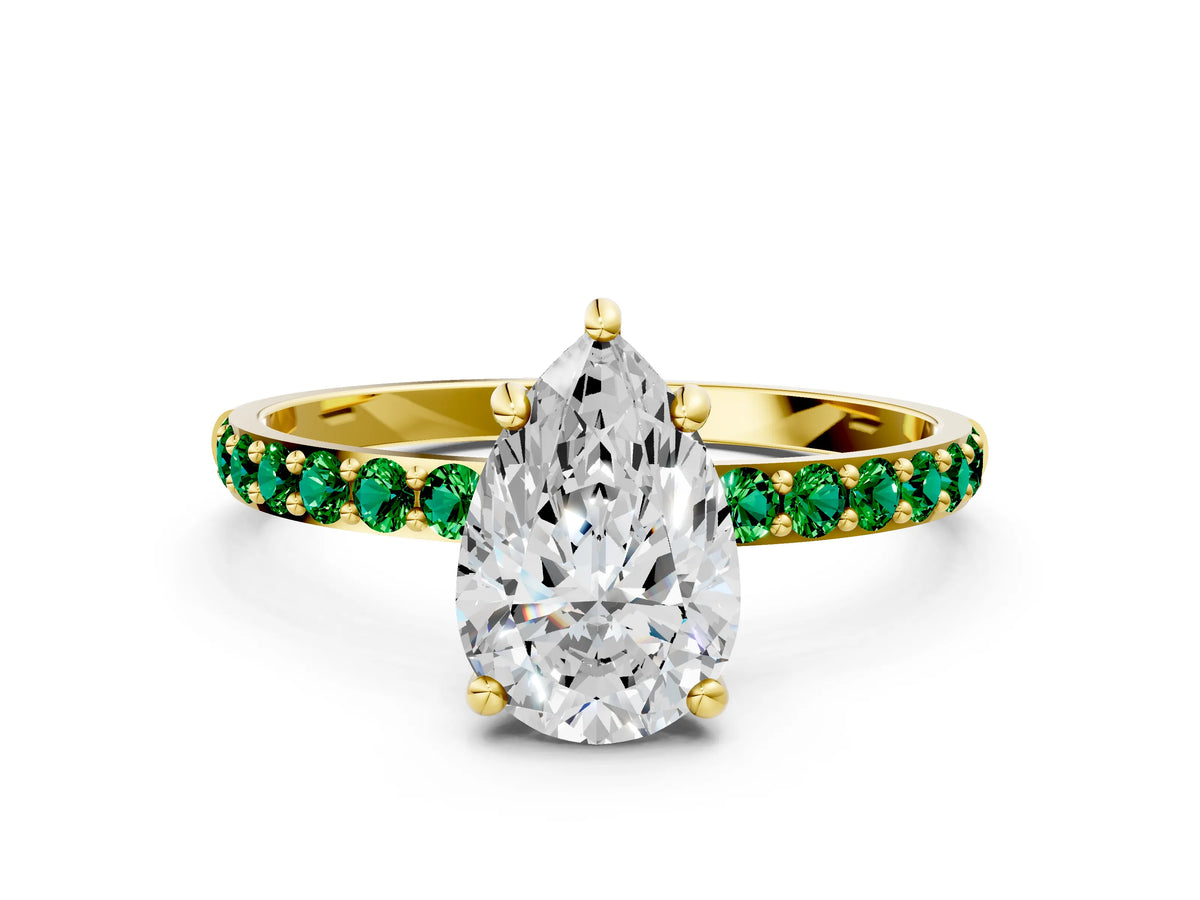 Yellow gold Pear Cut Diamond Solitaire Ring with Round Emerald Pavé Band and Prong Setting