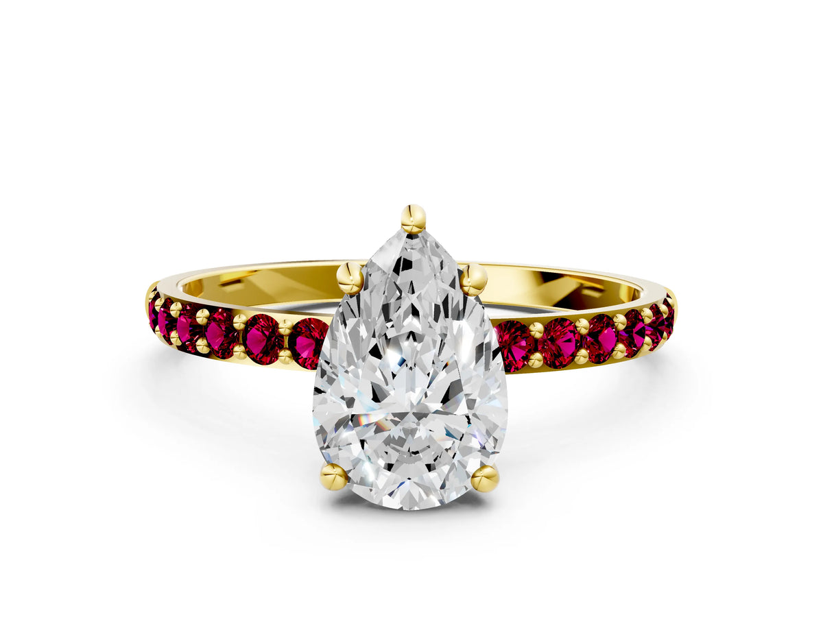 Yellow gold Pear Cut Diamond Solitaire Ring with Round Garnet Pavé Band and Prong Setting