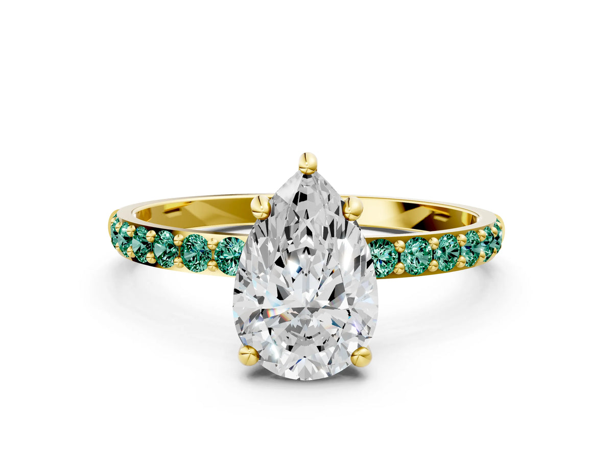 Yellow gold Pear Cut Diamond Solitaire Ring with Round Green Sapphire Pavé Band and Prong Setting