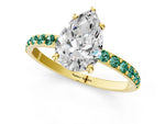 Yellow gold Pear Cut Diamond Solitaire Ring with Round Green Sapphire Pavé Band and Prong Setting_1