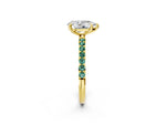 Yellow gold Pear Cut Diamond Solitaire Ring with Round Green Sapphire Pavé Band and Prong Setting_2