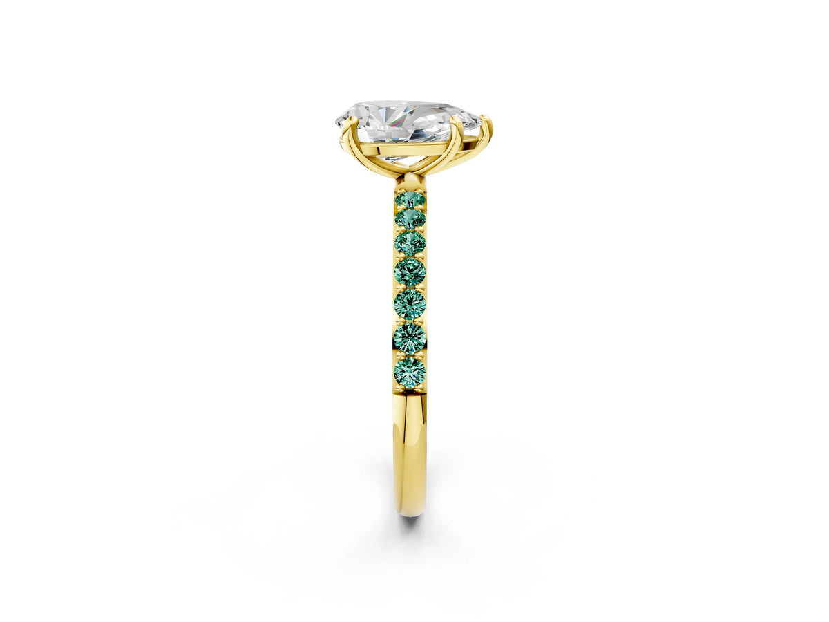 Yellow gold Pear Cut Diamond Solitaire Ring with Round Green Sapphire Pavé Band and Prong Setting_2