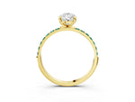 Yellow gold Pear Cut Diamond Solitaire Ring with Round Green Sapphire Pavé Band and Prong Setting_3
