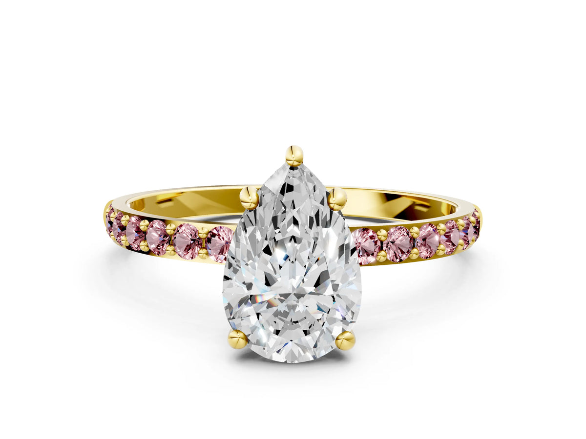 Yellow gold Pear Cut Diamond Solitaire Ring with Round Morganite Pavé Band and Prong Setting