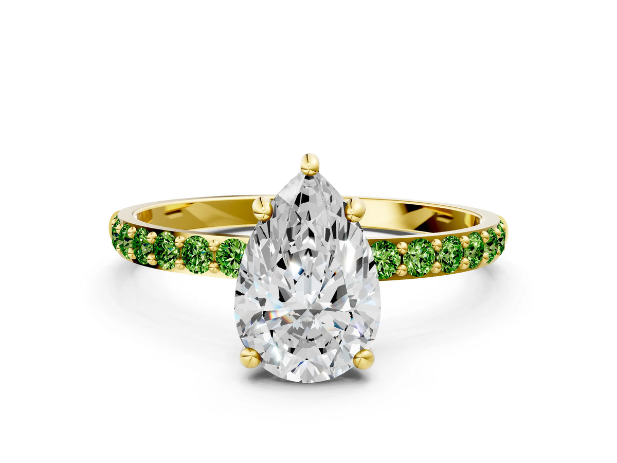 Yellow gold Pear Cut Diamond Solitaire Ring with Round Peridot Pavé Band and Prong Setting