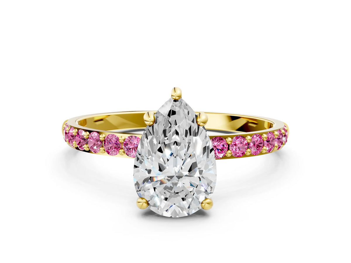 Yellow gold Pear Cut Diamond Solitaire Ring with Round Pink Sapphire Pavé Band and Prong Setting