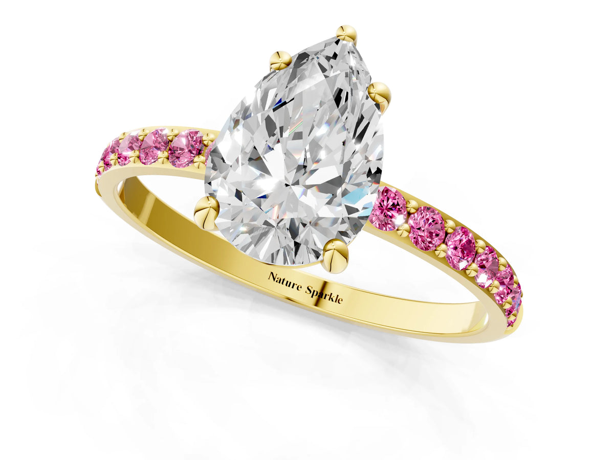 Yellow gold Pear Cut Diamond Solitaire Ring with Round Pink Sapphire Pavé Band and Prong Setting_1