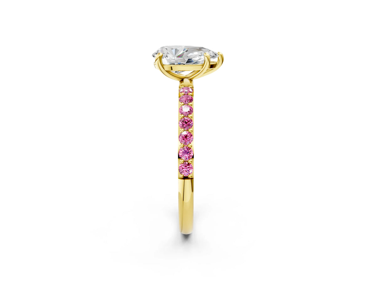 Yellow gold Pear Cut Diamond Solitaire Ring with Round Pink Sapphire Pavé Band and Prong Setting_2