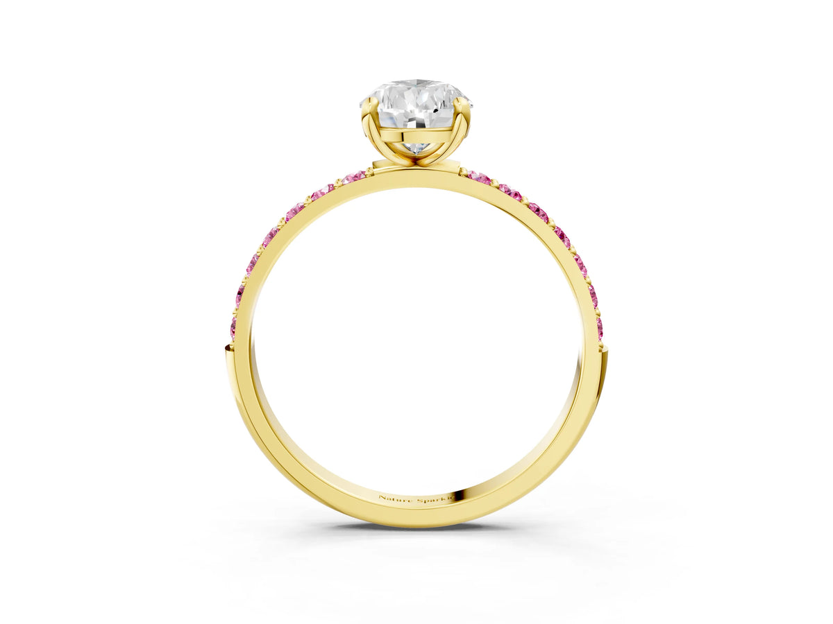Yellow gold Pear Cut Diamond Solitaire Ring with Round Pink Sapphire Pavé Band and Prong Setting_3