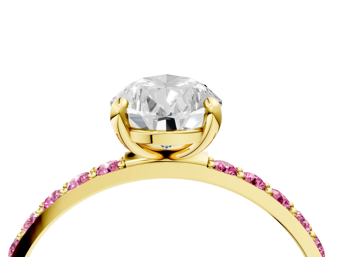 Yellow gold Pear Cut Diamond Solitaire Ring with Round Pink Sapphire Pavé Band and Prong Setting_4