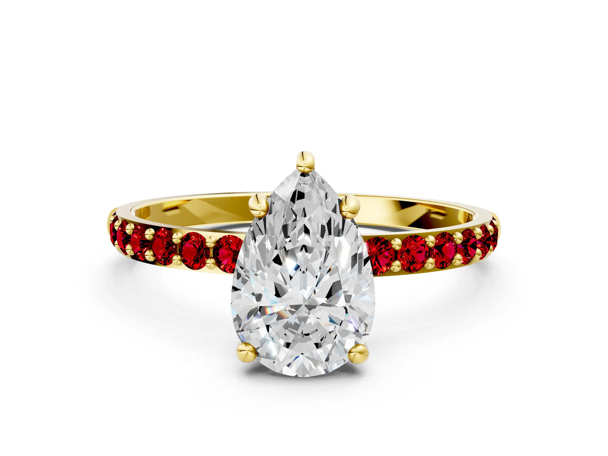 Yellow gold Pear Cut Diamond Solitaire Ring with Round Ruby Pavé Band and Prong Setting