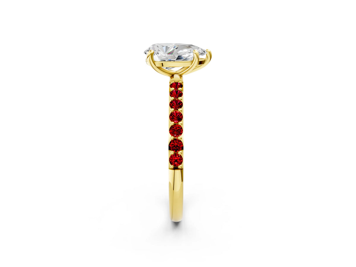 Yellow gold Pear Cut Diamond Solitaire Ring with Round Ruby Pavé Band and Prong Setting_2