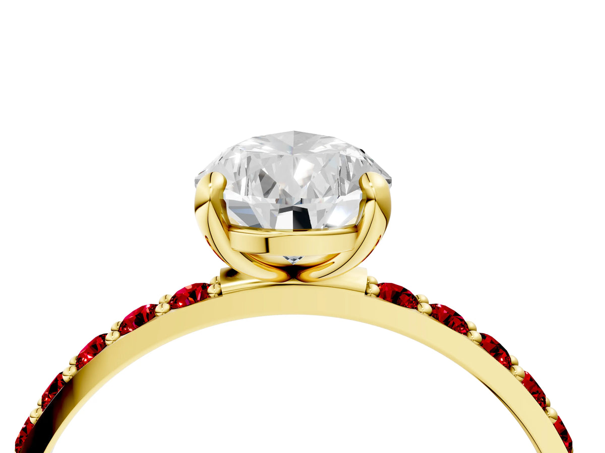 Yellow gold Pear Cut Diamond Solitaire Ring with Round Ruby Pavé Band and Prong Setting_4