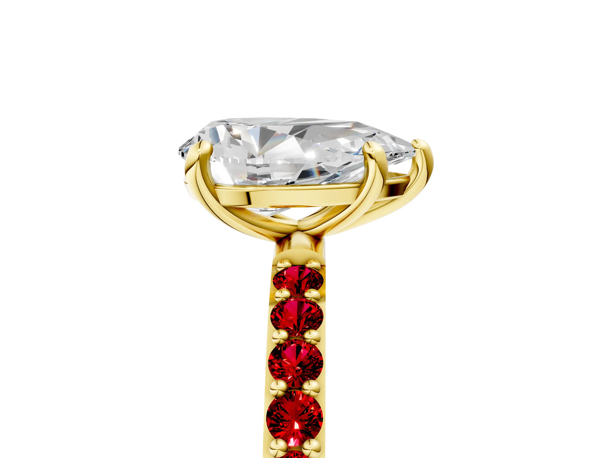 Yellow gold Pear Cut Diamond Solitaire Ring with Round Ruby Pavé Band and Prong Setting_5