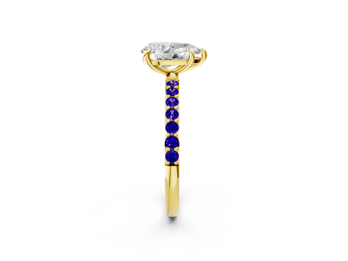 Yellow gold Pear Cut Diamond Solitaire Ring with Round Tanzanite Pavé Band and Prong Setting_2