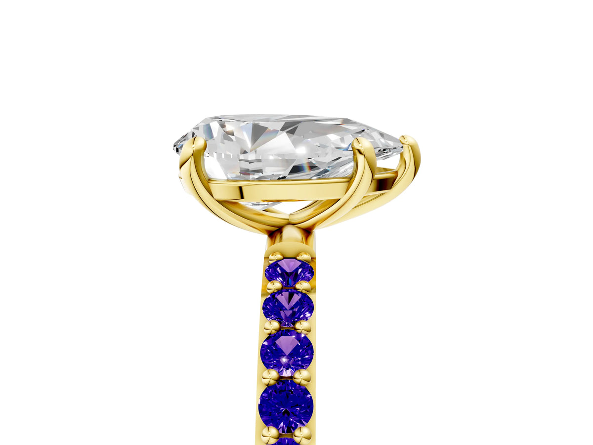 Yellow gold Pear Cut Diamond Solitaire Ring with Round Tanzanite Pavé Band and Prong Setting_5