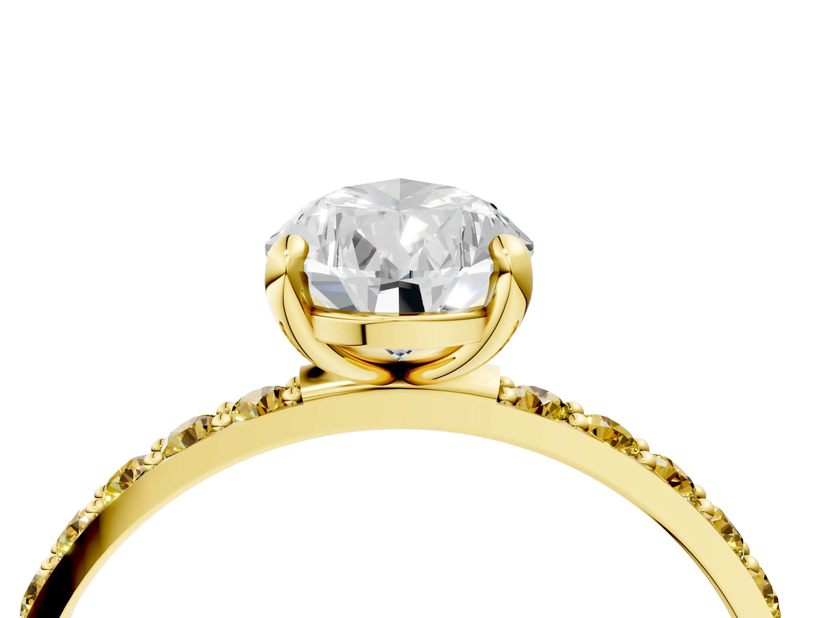 Yellow gold Pear Cut Diamond Solitaire Ring with Round Yellow Sapphire Pavé Band and Prong Setting_4