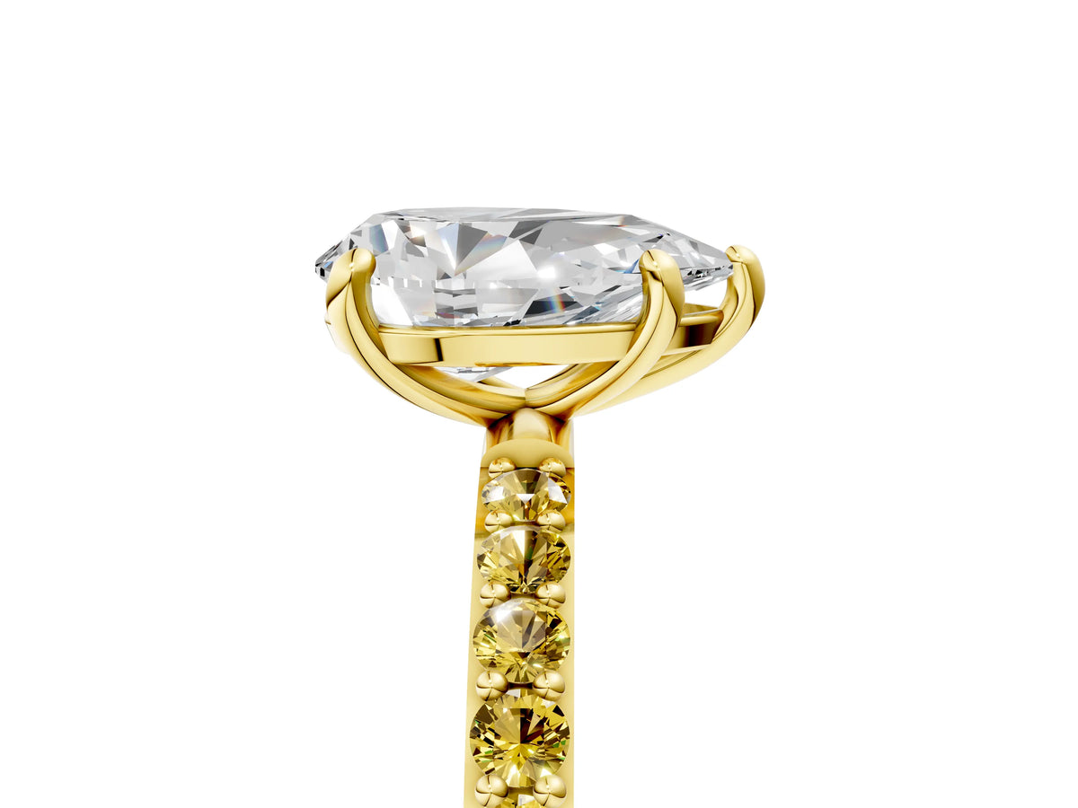 Yellow gold Pear Cut Diamond Solitaire Ring with Round Yellow Sapphire Pavé Band and Prong Setting_5