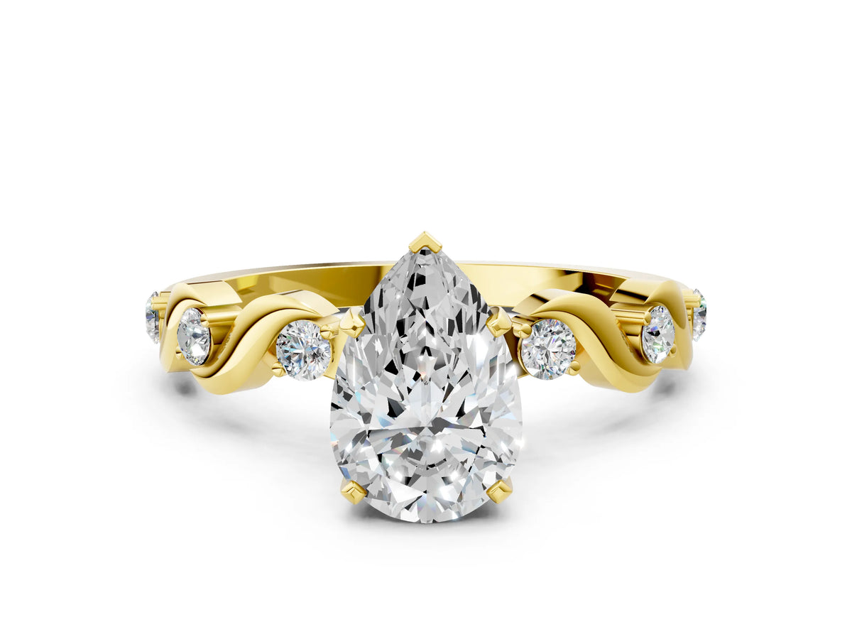 Yellow gold Pear Cut Diamond Solitaire Twisted Band with Round Accents and Prong Setting