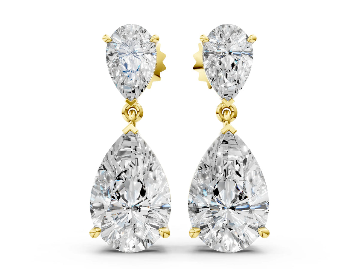 Yellow gold Pear Cut Diamond Two Stone Drop Earrings