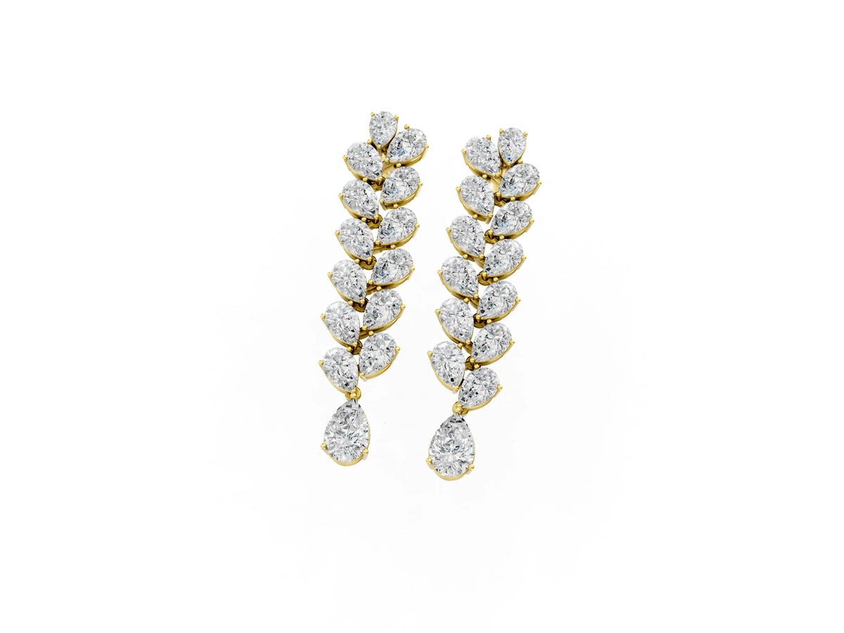 Yellow gold Pear Diamond Cascading Leaf Drop Earrings_1