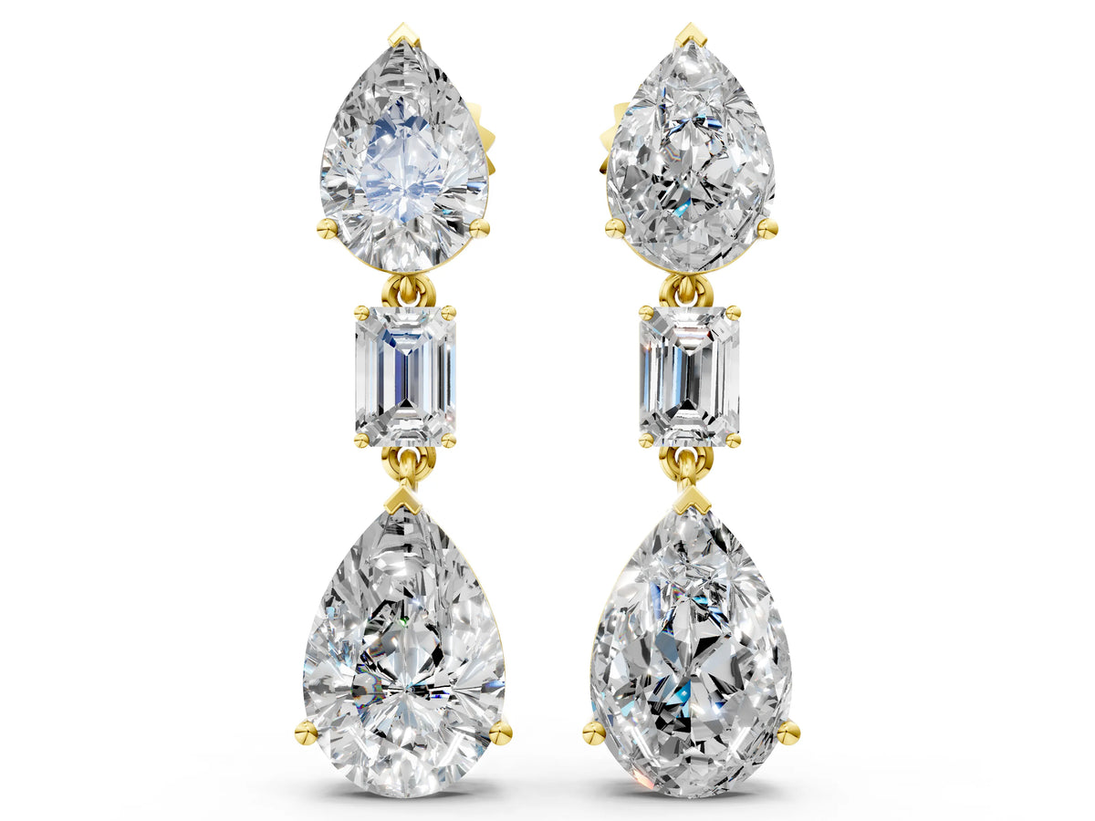 Yellow gold Pear Diamond Drop Earrings with Emerald and Pear Lab Grown Diamond Accents