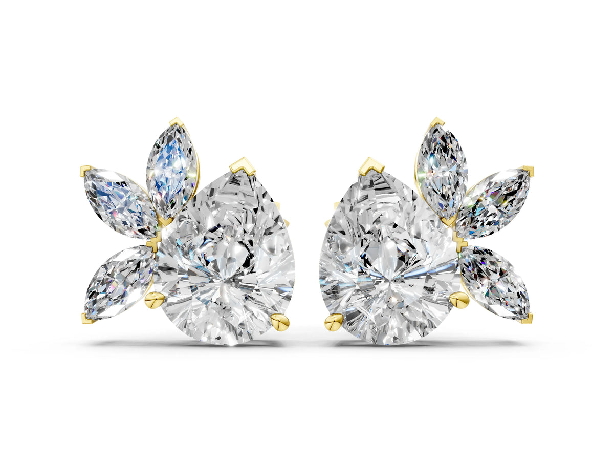 Yellow gold Pear Diamond Fan Stud Earrings with Marquise Lab Grown Diamond Accents