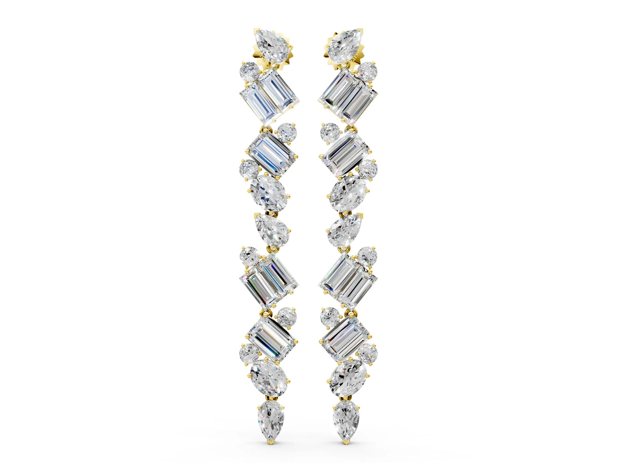 Yellow gold Pear, Emerald, and Round Diamond Linear Drop Earrings