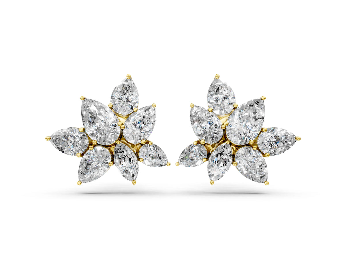 Yellow gold Pear and Marquise Diamond Floral Cluster Stud Earrings