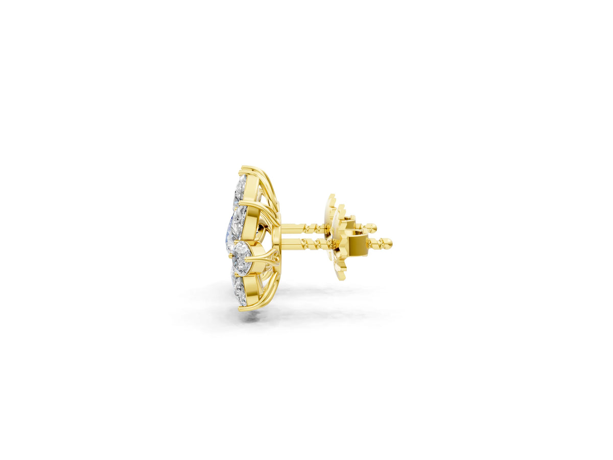 Yellow gold Pear and Marquise Diamond Floral Cluster Stud Earrings_1