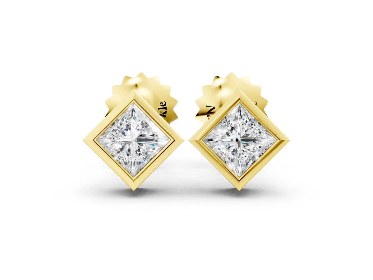Yellow gold Princess Cut Bezel Set Diamond Stud Earrings