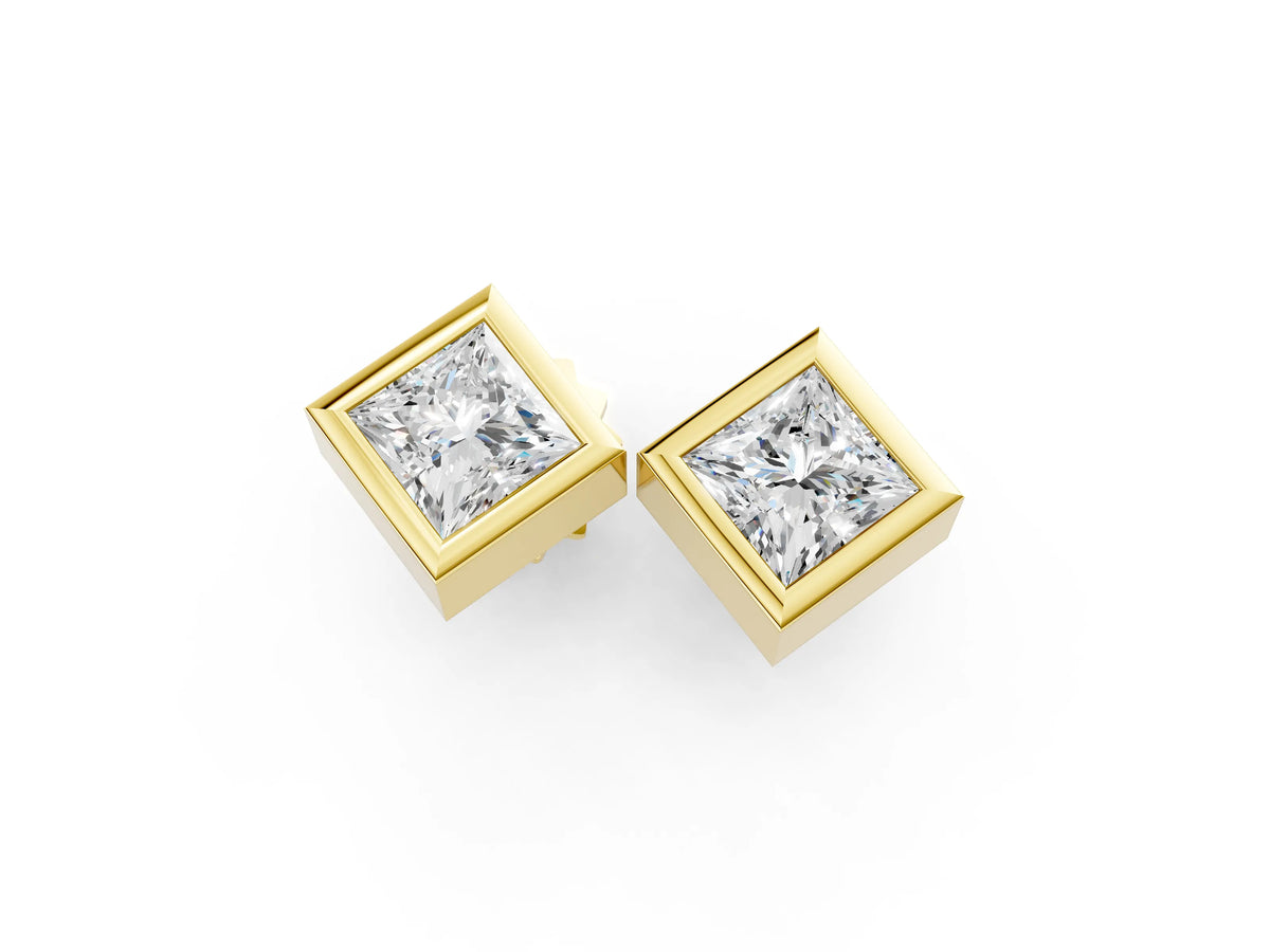 Yellow gold Princess Cut Bezel Set Diamond Stud Earrings_1